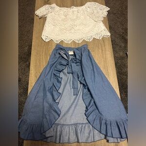 Vacation vibes! Mia Belle Girls white flow crop shirt with denim waist wrap